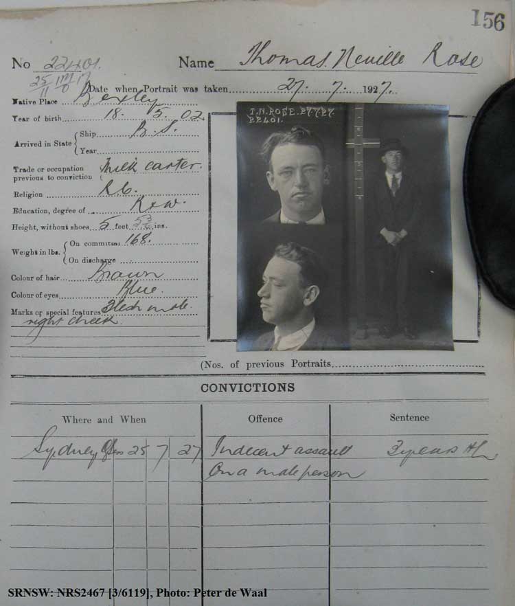 SRNSW: NRS2467, [3/6119], State Penitentiary photographic description book, 5 May 1927-7 Oct 1927, No. 22401, p. 156.