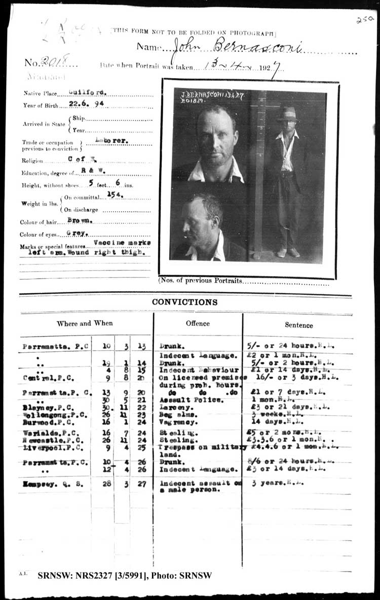 SRNSW: NRS2327, [3/5991], Maitland Gaol photographic description book, 1875-1930, No. 2018, p. 250, R5132. Emphasis added.