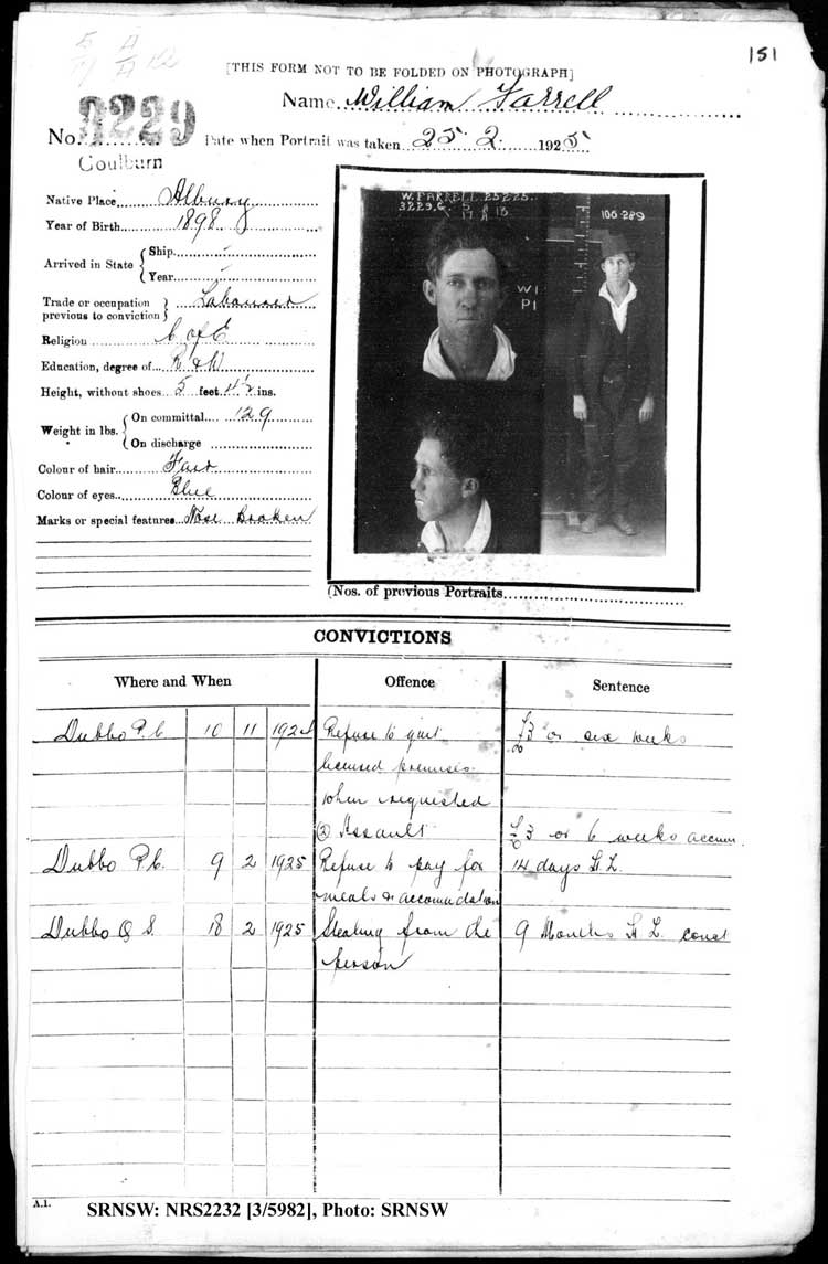 SRNSW: NRS2232, [3/5982], Goulburn Gaol photographic description book, 25 Jul 1922-30 Mar 1928, No. 3229, p. 151, R5123.