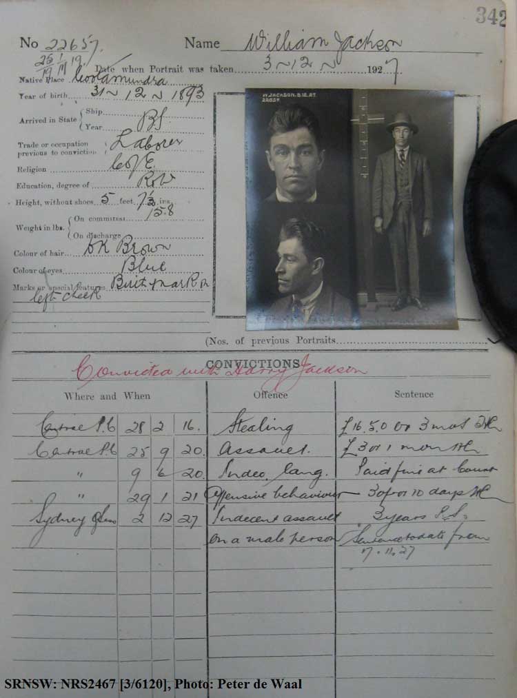 SRNSW: NRS2467, [3/6120], State Penitentiary photographic description book, 8 Oct 1927-24 Feb 1928, No. 22657, p. 342.