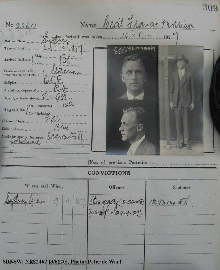 SRNSW: NRS2467, [3/6120], State Penitentiary photographic description book, 8 Oct 1927-24 Feb 1928, No. 22611, p. 309.