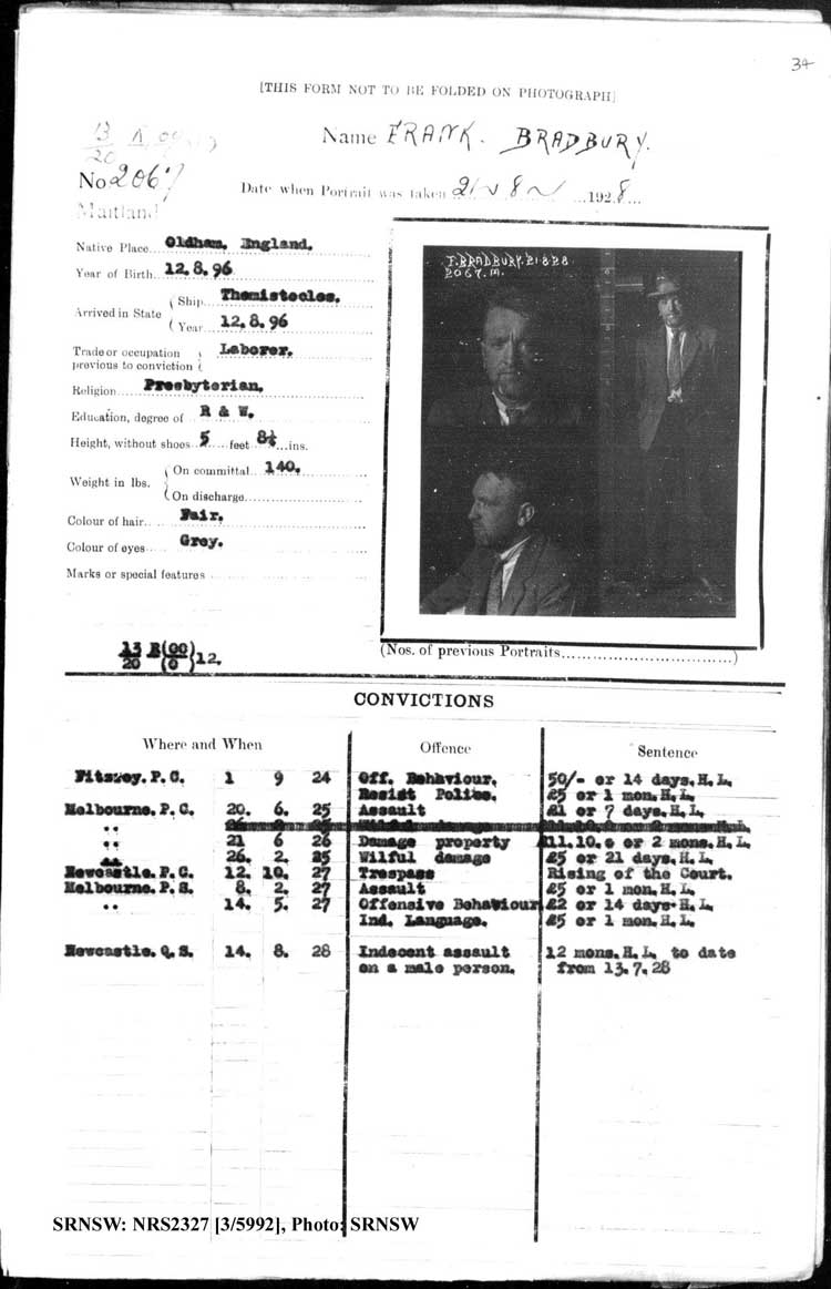 SRNSW: NRS2327, [3/5992], Maitland Gaol Photograph description sheets, 1875-1930, No. 2067, p. 34, R5132. Emphasis added.