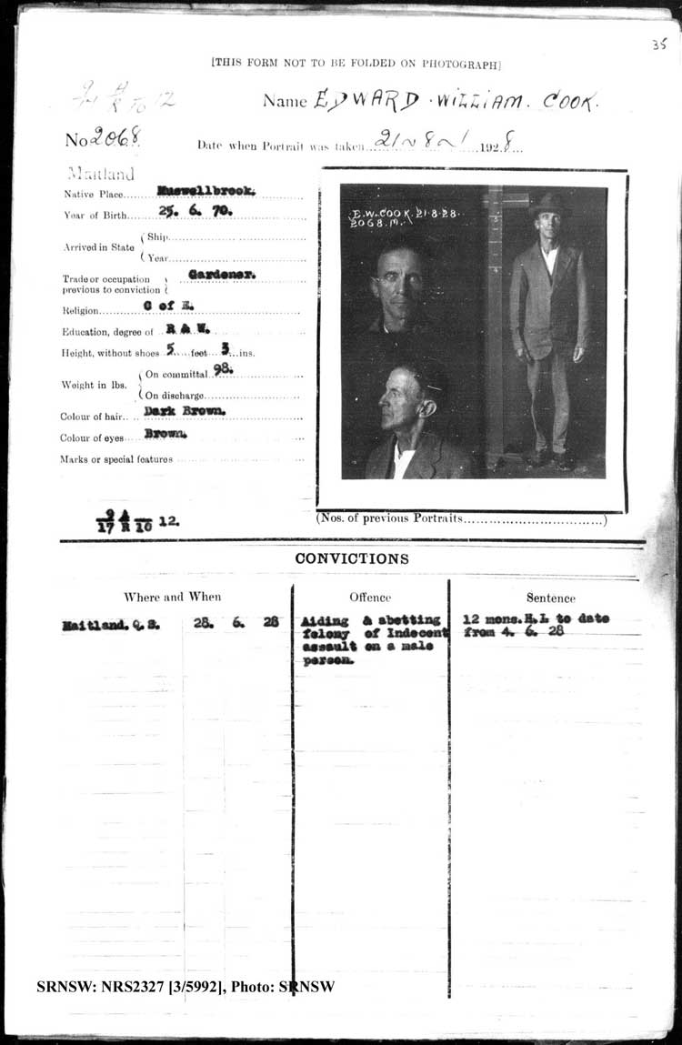SRNSW: NRS2327, [3/5992], Maitland Gaol Photograph description sheets, 1875-1930, No. 2068, p. 35, R5132.