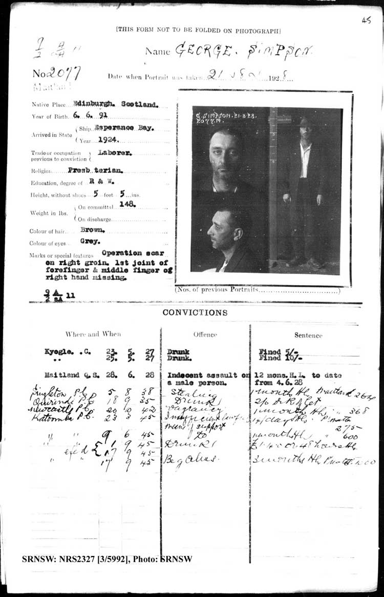 SRNSW: NRS2327, [3/5992], Maitland Gaol Photograph description sheets, 1875-1930, No. 2077, p. 45, R5132.
