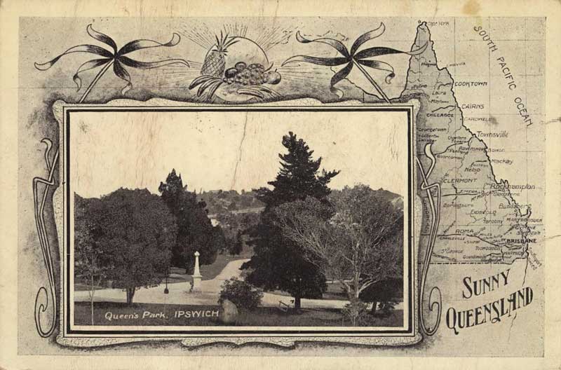 Queen's Park, Ipswich, superimposed over a map of sunny Queensland, c. 1910. Image: Qld State Library collection, 4831 Postcard Collection. Reproduction: Peter de Waal