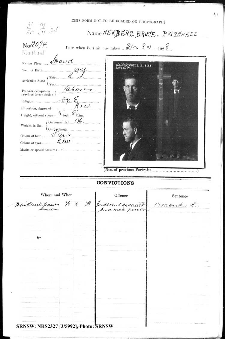 SRNSW: NRS2327, [3/5992], Maitland Gaol Photograph description sheets, 1875-1930, No. 2074, p. 41, R5132.