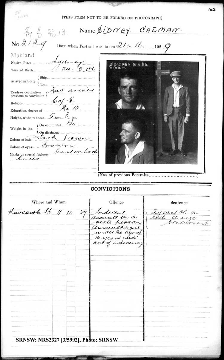 SRNSW: NRS2327, [3/5992], Maitland Gaol Photograph description sheets, 1875-1930, No. 2129, p. 102, R5132.