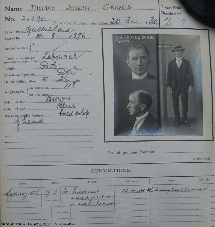 SRNSW: NRS– [17/1495], State Penitentiary photographic description book, 3 Dec 1929-20 Mar 1930, No. 24590, p. –.