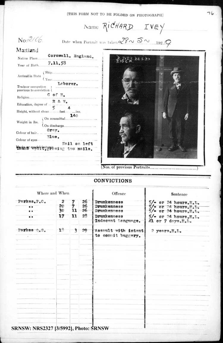 SRNSW: NRS2327, [3/5992], Maitland Gaol Photograph description sheets, 1875-1930, No. 2106, p. 76, R5132.