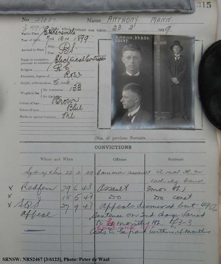 SRNSW: NRS2467, [3/6123], State Penitentiary photographic description book, 8 Nov 1928-21 Mar 1929, No. 23637, p. 315.