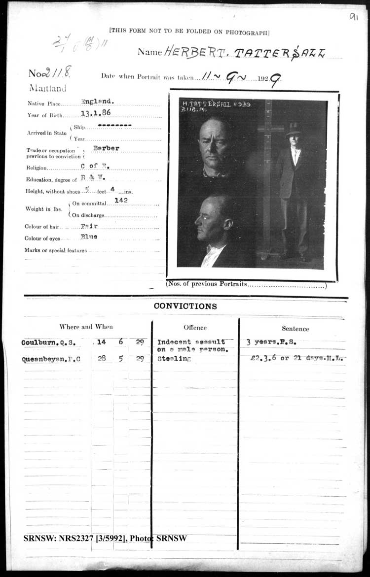 SRNSW: NRS2327, [3/5992], Maitland Gaol Photograph description sheets, 1875-1930, No. 2118, p. 91, R5132.