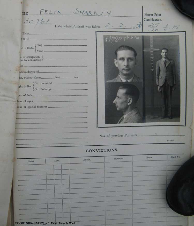 SRNSW: NRS– [17/1525], State Penitentiary photographic description book, 9 Oct 1937-2 Feb 1938, No. 30761, p. –. (p.2)